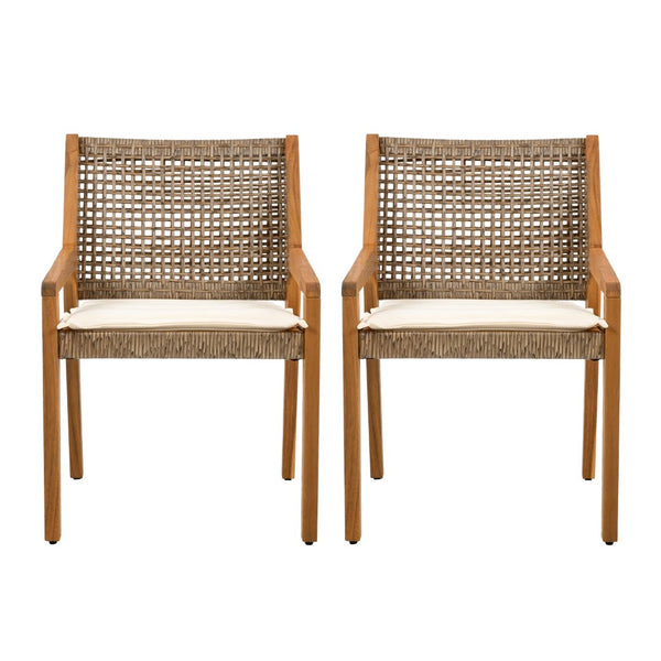 English Elm 5-piece Outdoor Acacia Wood Dining Set with Rope Back Chairs and Sculptural Curved Legs Beige Cushions N770PS597G88L