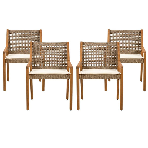 English Elm 5-piece Outdoor Acacia Wood Dining Set with Rope Back Chairs and Sculptural Curved Legs Beige Cushions N770PS597G88L