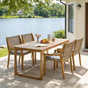 English Elm 5-piece Outdoor Acacia Wood Dining Set with Rope Back Chairs and Sculptural Curved Legs Grey Cushions N770PS597R88L
