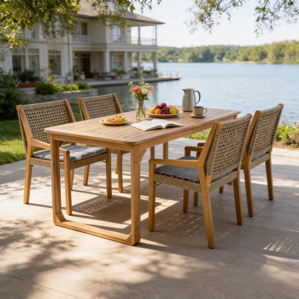 English Elm 5-piece Outdoor Acacia Wood Dining Set with Rope Back Chairs and Sculptural Curved Legs Grey Cushions N770PS597R88L