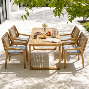 English Elm 5-piece Outdoor Acacia Wood Dining Set with Rope Back Chairs and Sculptural Curved Legs Grey Cushions N770PS597R88L