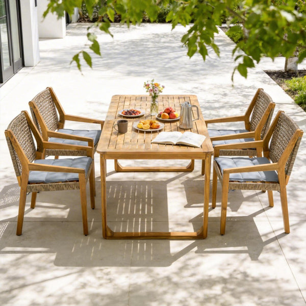 English Elm 5-piece Outdoor Acacia Wood Dining Set with Rope Back Chairs and Sculptural Curved Legs Grey Cushions N770PS597R88L