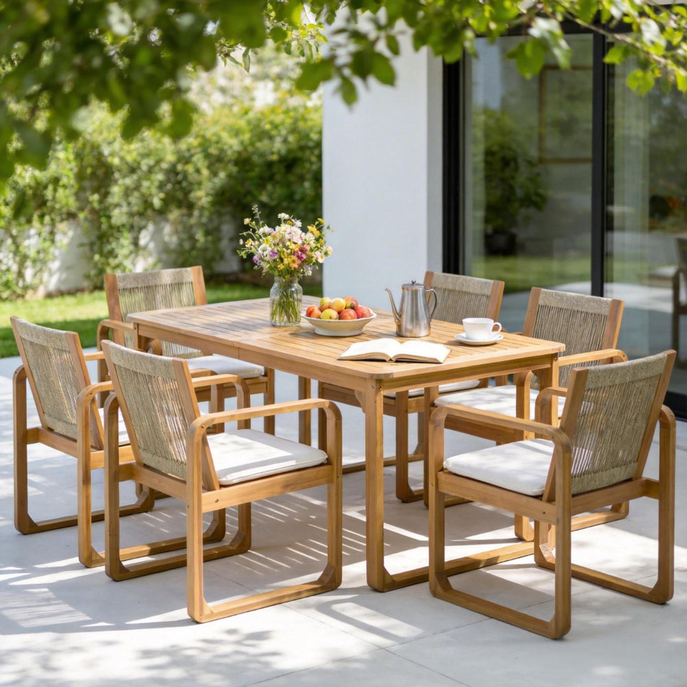 English Elm 7-piece Outdoor Acacia Wood Dining Set with Rope Back Chairs and Teak Finish Patio N770PS787L88L
