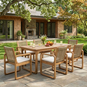 English Elm 7-piece Outdoor Acacia Wood Dining Set with Rope Back Chairs and Teak Finish Patio N770PS787L88L