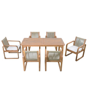 English Elm 7-piece Outdoor Acacia Wood Dining Set with Rope Back Chairs and Teak Finish Patio N770PS787L88L