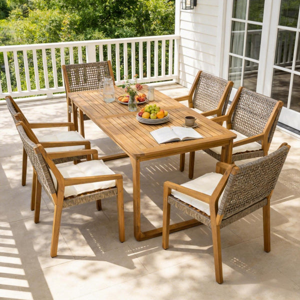 English Elm 7-piece Outdoor Acacia Wood Dining Set Rope Back Chairs Teak Patio Table Seats Six Beige Cushions N770PS797G88L