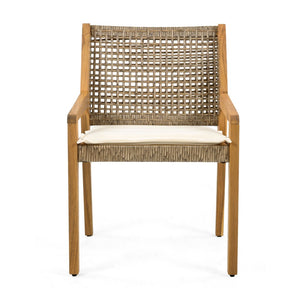 English Elm 7-piece Outdoor Acacia Wood Dining Set Rope Back Chairs Teak Patio Table Seats Six Beige Cushions N770PS797G88L
