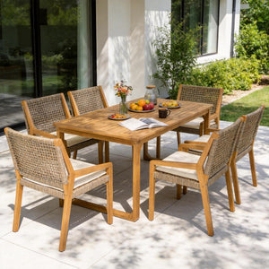 English Elm 7-piece Outdoor Acacia Wood Dining Set Rope Back Chairs Teak Patio Table Seats Six Beige Cushions N770PS797G88L