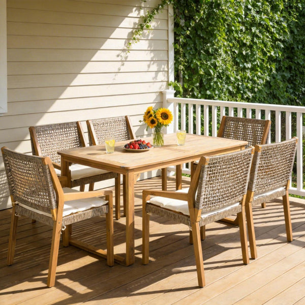 English Elm 7-piece Outdoor Acacia Wood Dining Set Rope Back Chairs Teak Patio Table Seats Six Beige Cushions N770PS797G88L