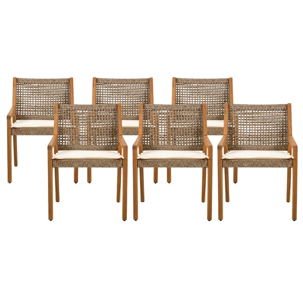 English Elm 7-piece Outdoor Acacia Wood Dining Set Rope Back Chairs Teak Patio Table Seats Six Beige Cushions N770PS797G88L
