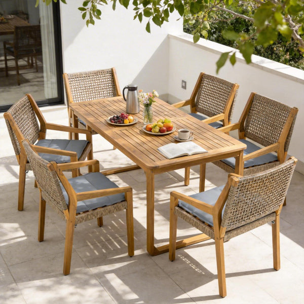 English Elm 7-piece Outdoor Acacia Wood Dining Set Rope Back Chairs Teak Patio Table Seats Six Grey Cushions N770PS797R88L