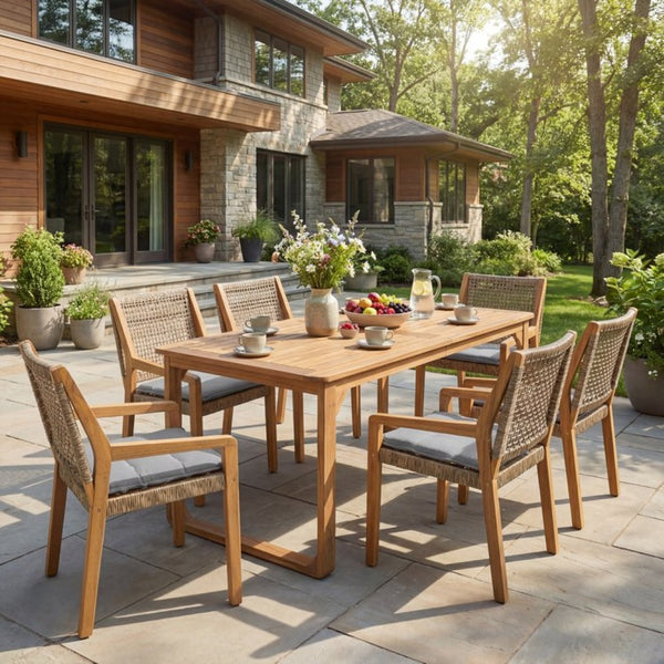 English Elm 7-piece Outdoor Acacia Wood Dining Set Rope Back Chairs Teak Patio Table Seats Six Grey Cushions N770PS797R88L