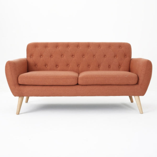 English Elm Love Seat Compact Mid-century Sofa with Button-tufted Back and Splayed Birch Legs N771P202668C