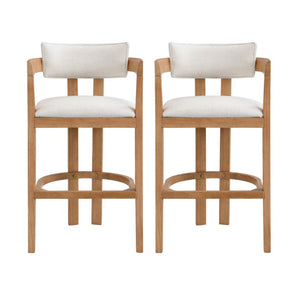 English Elm 30 Inch Natural Oak Rubberwood Barstools with Upholstered Seat Curved Back and Arms Set of 2 N771P361772Q