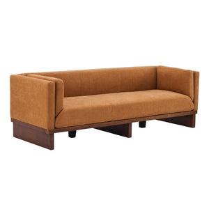 English Elm 87 Inch Three Seat Sofa Recessed Arm Polyester Upholstery Solid Wood Frame Living Room Caramel N771P441921W_N771P441922W
