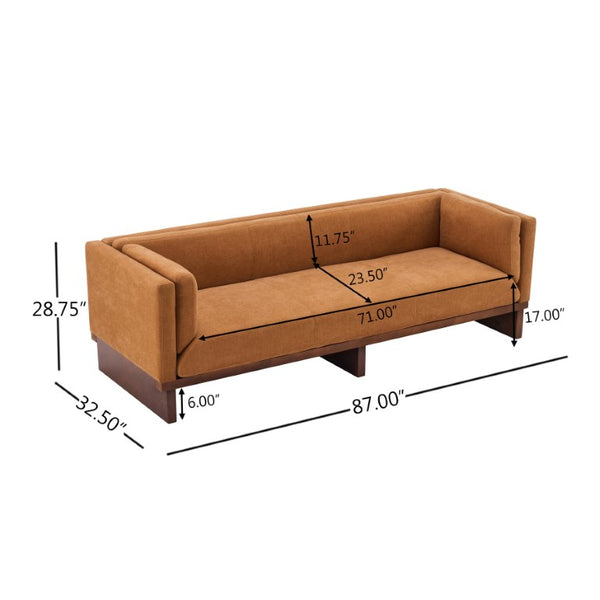 English Elm 87 Inch Three Seat Sofa Recessed Arm Polyester Upholstery Solid Wood Frame Living Room Caramel N771P441921W_N771P441922W