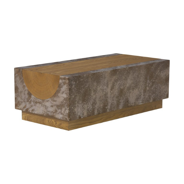 English Elm Designer Ash Veneer Coffee Table with Tree Ring Detail and Weathered Rust Finish N771P449944Z