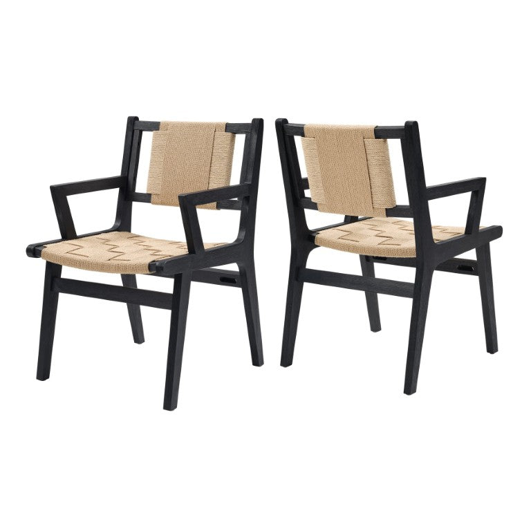 English Elm Solid Rubberwood Dining Arm Chairs with Woven Rope Seat and Back Set of 2 Boho Beige+Black N771P459364H