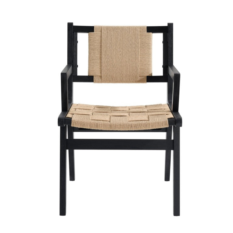 English Elm Solid Rubberwood Dining Arm Chairs with Woven Rope Seat and Back Set of 2 Boho Beige+Black N771P459364H