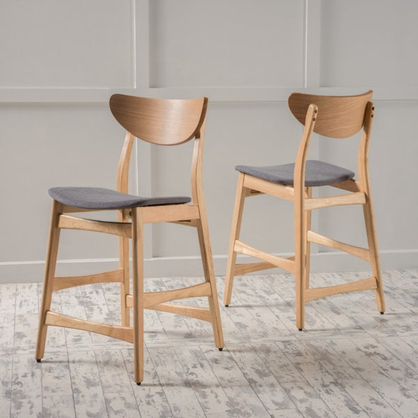 English Elm Counter Height Chairs Set of 2 Mid Century Rubberwood Frame Upholstered Kitchen Island Dark Grey Oak N771P472974K