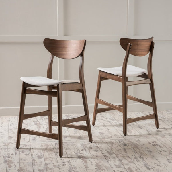 English Elm Counter Height Chairs Set of 2 Mid Century Rubberwood Frame Upholstered Kitchen Island Light Beige Walnut N771P472974T