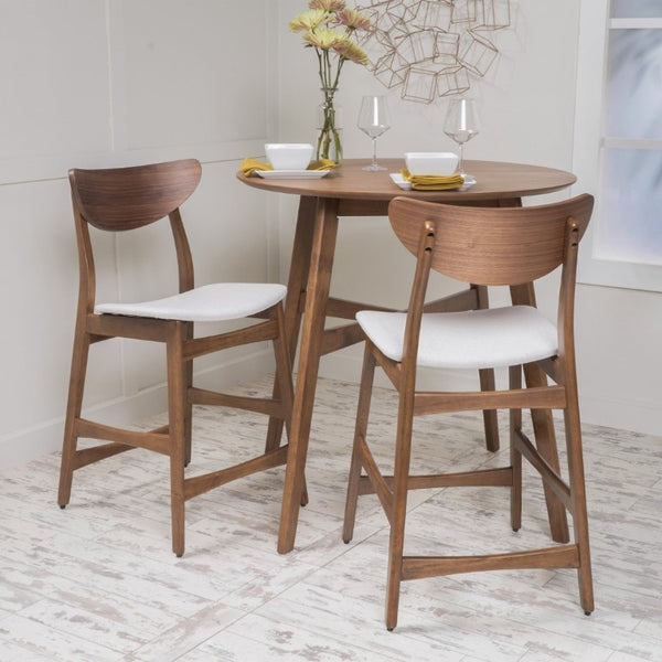 English Elm Counter Height Chairs Set of 2 Mid Century Rubberwood Frame Upholstered Kitchen Island Light Beige Walnut N771P472974T