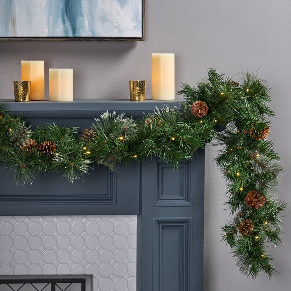English Elm 2-packed Snow Tipped Led Holiday Garlands with Pine Cones for Festive Mantel Decor N772P206434G
