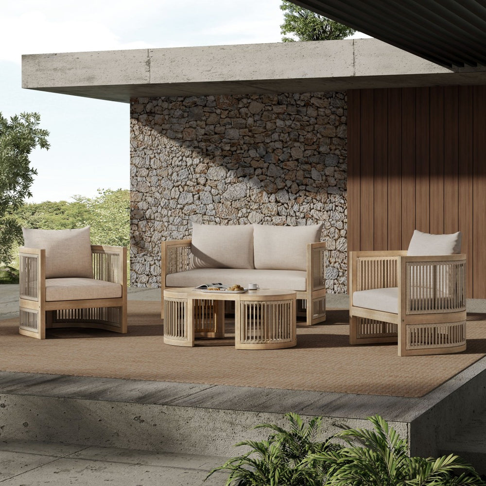 English Elm Niss Outdoor Solid Acacia Wood 3 Piece Chat Set with Beige Cushions Patio N772P246423L-2_N772P246424L_N772P246425L