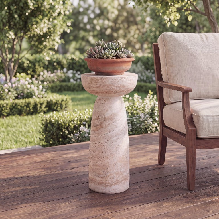English Elm Magnesium Oxide Pedestal Plant Stand Travertine Stone Finish Indoor Outdoor Decor N772P261953T