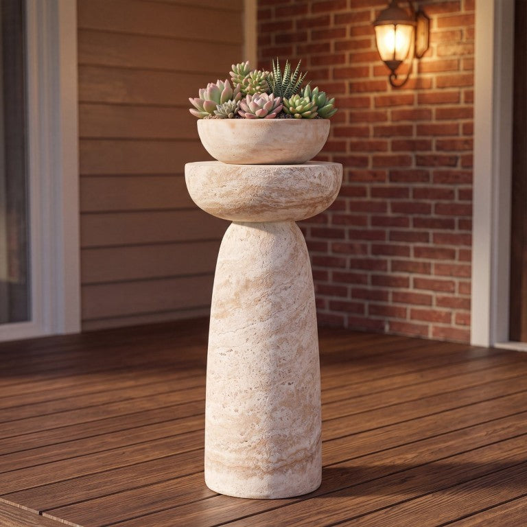 English Elm Magnesium Oxide Pedestal Plant Stand Travertine Stone Finish Indoor Outdoor Decor N772P261953T