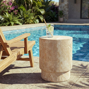 English Elm Handmade MgO Ribbed Side Table Travertine Beige Finish for Patio or Living Room N772P261960T
