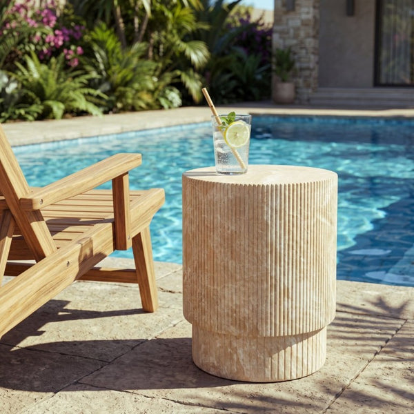 English Elm Handmade MgO Ribbed Side Table Travertine Beige Finish for Patio or Living Room N772P261960T