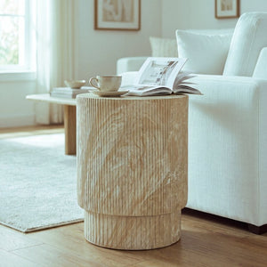English Elm Handmade MgO Ribbed Side Table Travertine Beige Finish for Patio or Living Room N772P261960T