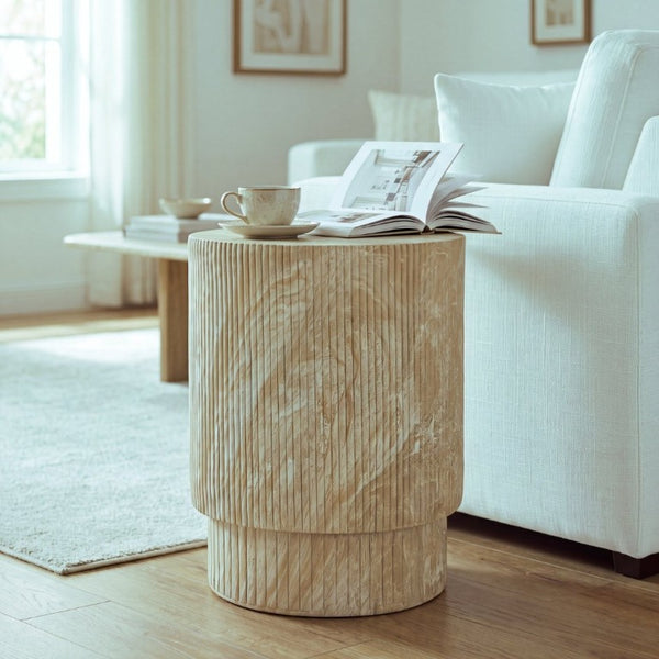 English Elm Handmade MgO Ribbed Side Table Travertine Beige Finish for Patio or Living Room N772P261960T