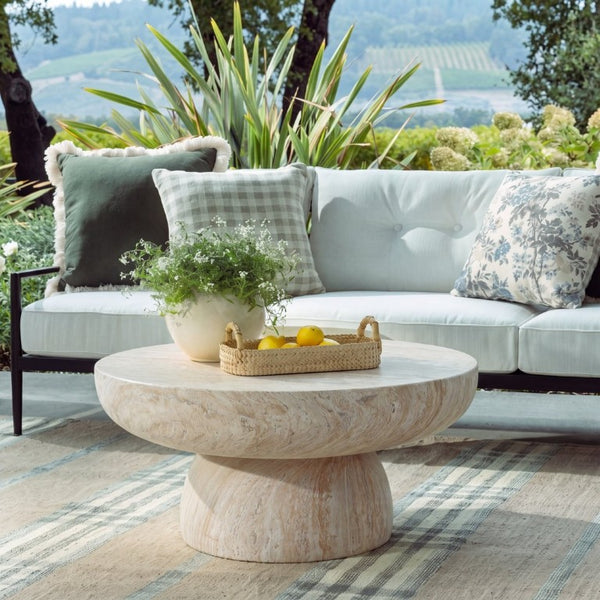 English Elm 27.5 Inch Round MGO Coffee Table Weather Resistant Low Profile Indoor Outdoor Use N772P262020N