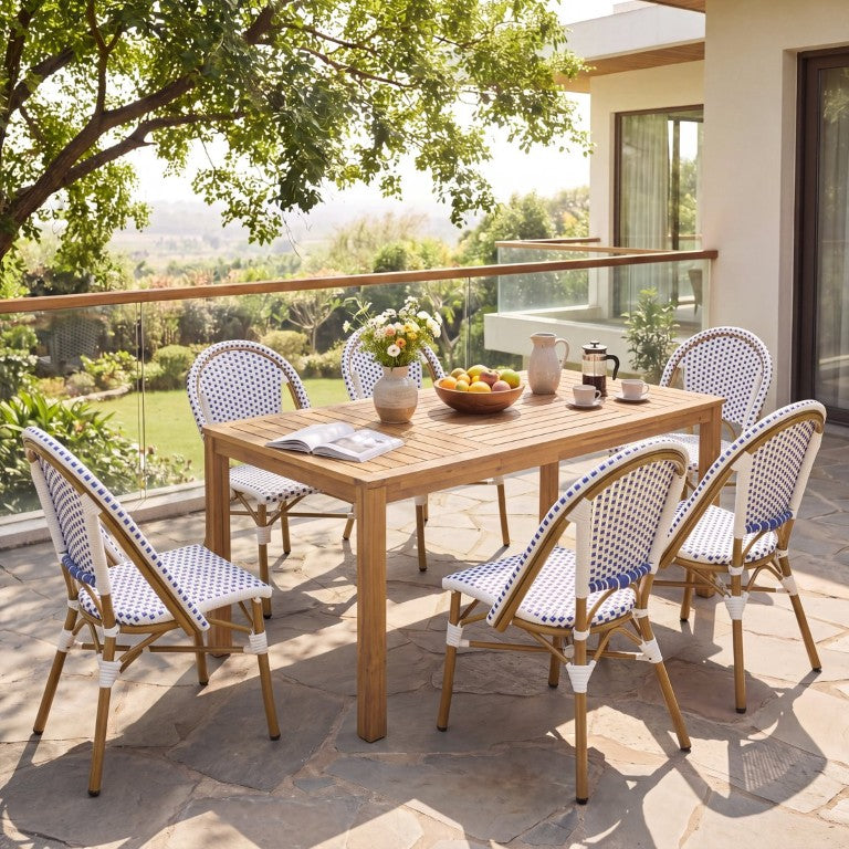 English Elm French Bistro Outdoor Dining Set Acacia Table Six Woven PE Rattan Chairs Umbrella Ready N772P378178T_69958.00-3