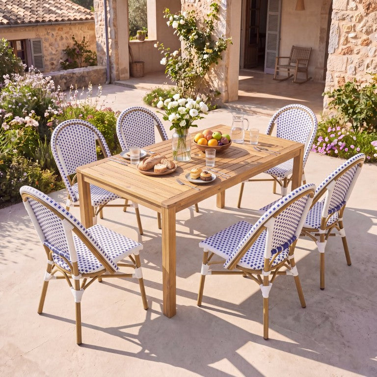 English Elm French Bistro Outdoor Dining Set Acacia Table Six Woven PE Rattan Chairs Umbrella Ready N772P378178T_69958.00-3