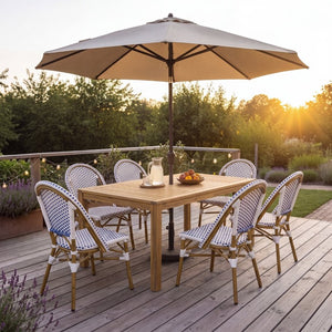 English Elm French Bistro Outdoor Dining Set Acacia Table Six Woven PE Rattan Chairs Umbrella Ready N772P378178T_69958.00-3