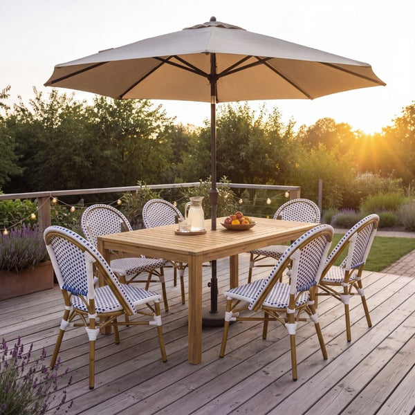 English Elm French Bistro Outdoor Dining Set Acacia Table Six Woven PE Rattan Chairs Umbrella Ready N772P378178T_69958.00-3