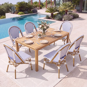 English Elm French Bistro Outdoor Dining Set Acacia Table Six Woven PE Rattan Chairs Umbrella Ready N772P378178T_69958.00-3