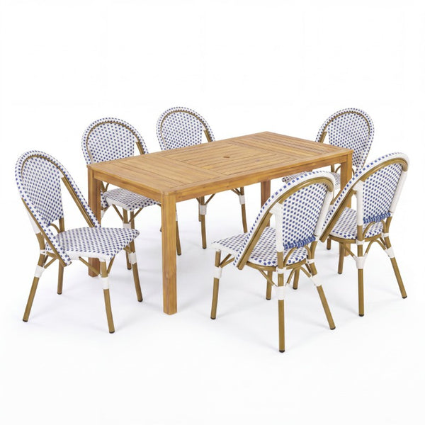 English Elm French Bistro Outdoor Dining Set Acacia Table Six Woven PE Rattan Chairs Umbrella Ready N772P378178T_69958.00-3