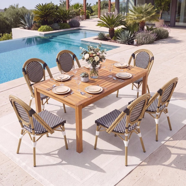 English Elm French Bistro Outdoor Dining Set Acacia Table Rattan Chairs Seats Six Patio N772P378178T_69959.00BLK-3
