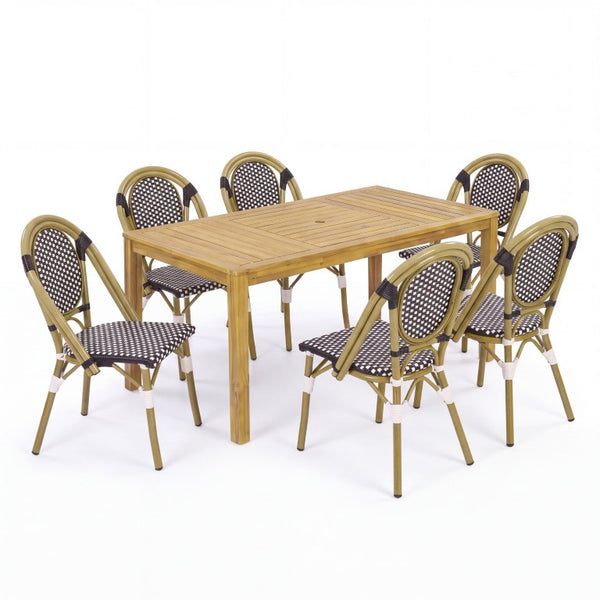 English Elm French Bistro Outdoor Dining Set Acacia Table Rattan Chairs Seats Six Patio N772P378178T_69959.00BLK-3