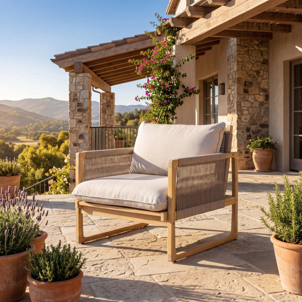 English Elm Modern Acacia Wood Patio Club Chair with Woven Rope Weave and Thick Cushioned Seat N772P378215L