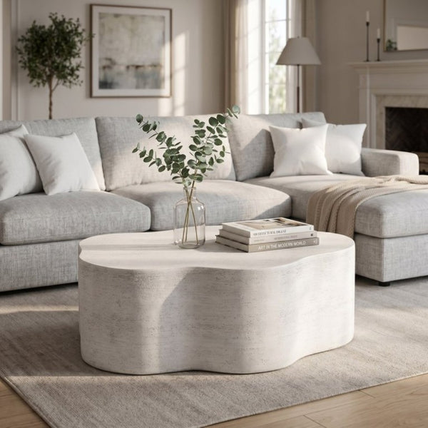 English Elm Cloud-Shaped MGO Coffee Table Travertine Finish Sculptural Indoor Outdoor Modern N772P379524W