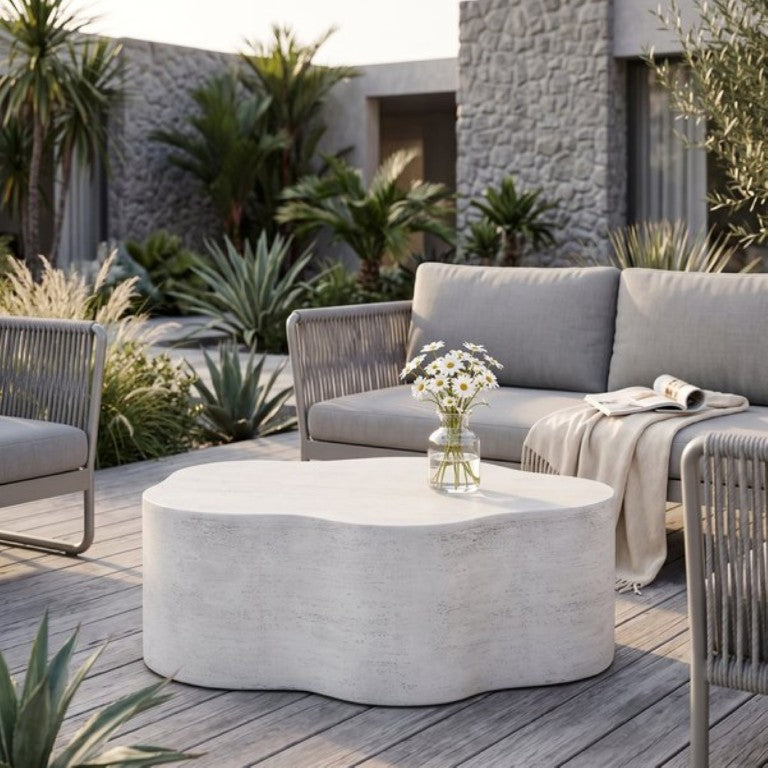English Elm Cloud-Shaped MGO Coffee Table Travertine Finish Sculptural Indoor Outdoor Modern N772P379524W