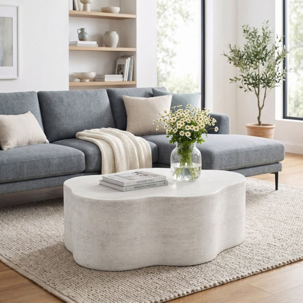 English Elm Cloud-Shaped MGO Coffee Table Travertine Finish Sculptural Indoor Outdoor Modern N772P379524W