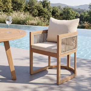 English Elm Outdoor Acacia Wood Dining Chair Teak Finish Rope Accents Cushion Patio Seating N772P395549L