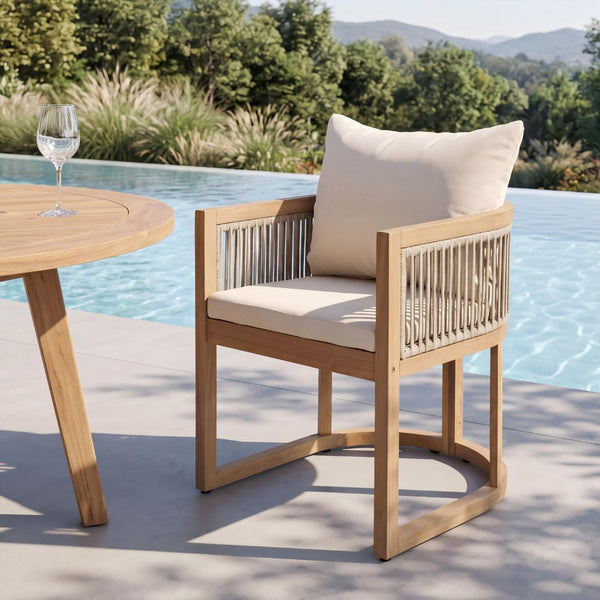 English Elm Outdoor Acacia Wood Dining Chair Teak Finish Rope Accents Cushion Patio Seating N772P395549L