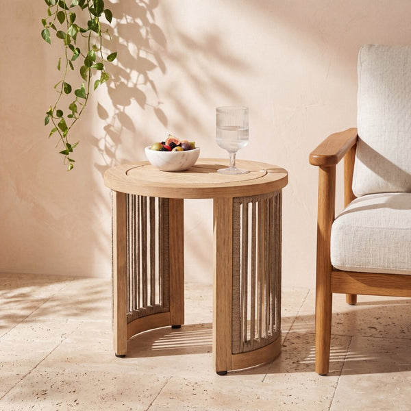 English Elm Outdoor Acacia Wood Round Accent Table with Woven Rope Shelf for Patio or Sunroom N772P395550L